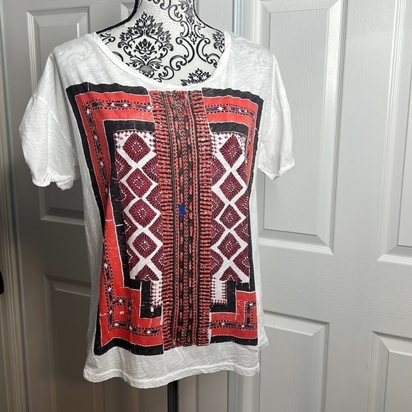 J Crew Aztec Red Blue White Beaded T Shirt M - Picture 1 of 6